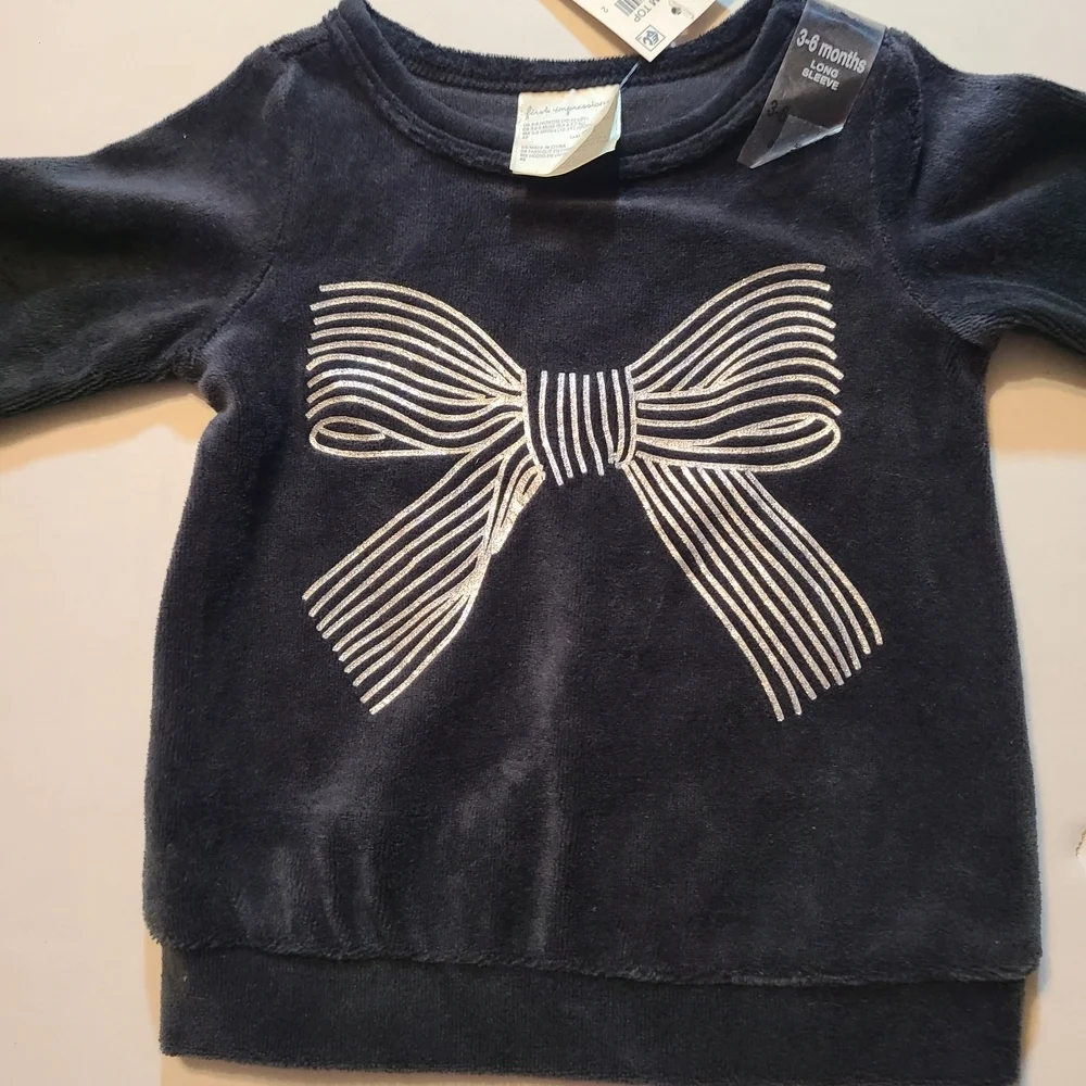 First Impressions Black Velour Top with Bow Design 3-6 Months NWT
